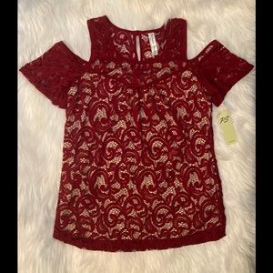 Red Blouse-Crochet Overlay- Cold Shoulder-Size S
